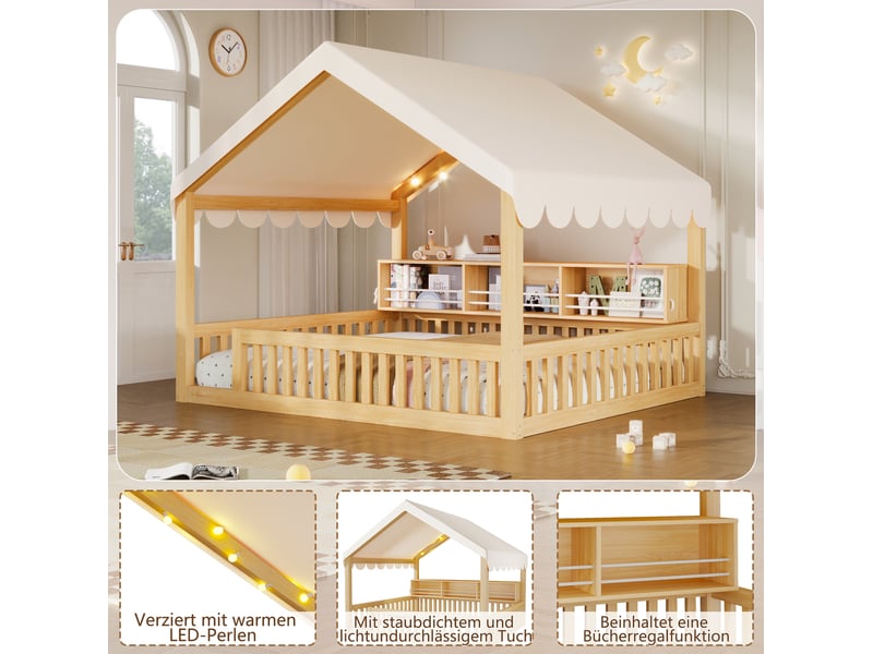  Lit cabane 140x200 cm avec baldaquin, led et bibliothèque mdf bois naturel sans matelas  - Conforama D