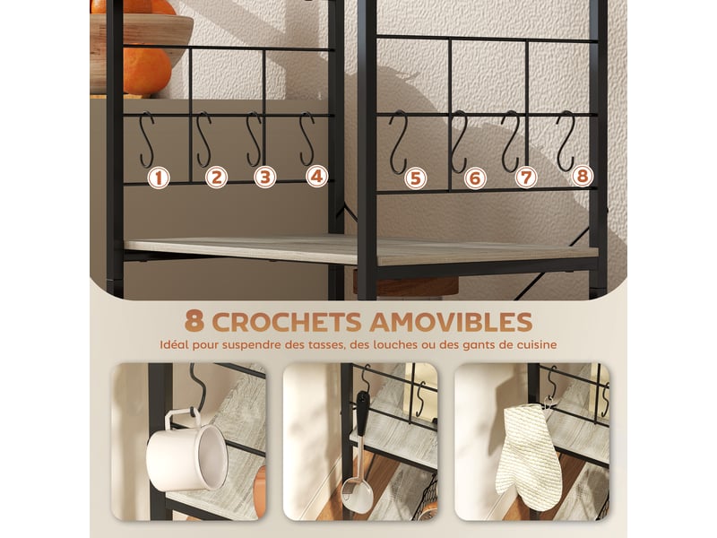  Étagère de cuisine, support pour micro-ondes, avec panneau grillagé, 8 crochets, chêne, 60 x 42 x 134,5 cm  - Conforama E
