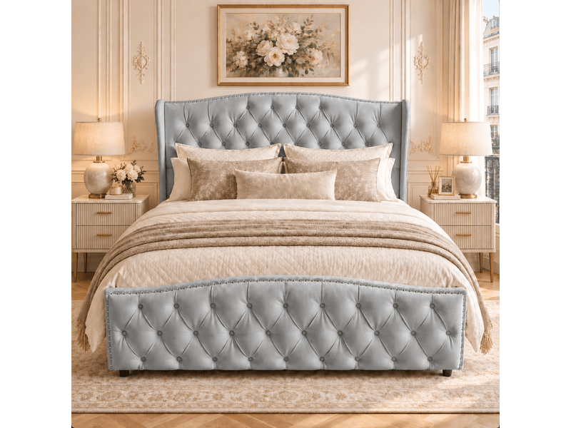  Lit coffre double 160 x 200 cm en velours, lit rembourré avec de rangement hydraulique, lit double avec sommier à lattes et tete de lit capitonné, décor avec boutons,2 personnes, sommier à lattes, chambre adulteado, cadre de lit…  - Conforama B