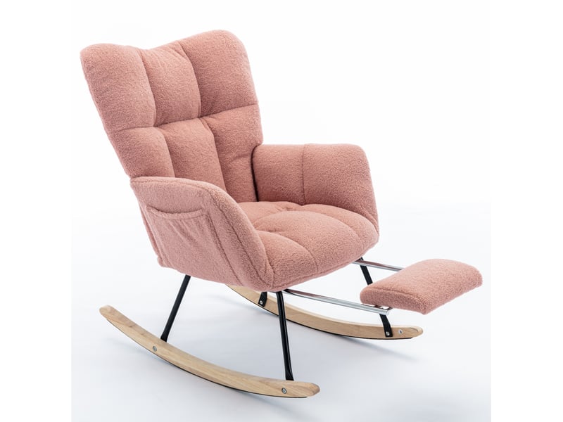 Fauteuil à bascule confortable, revêtement teddy, rose, relax, modèle à oreilles avec repose-pieds et porte de rangement - Conforama A