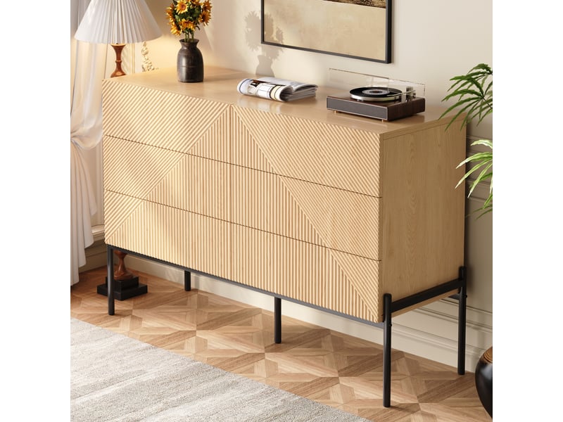  Commode 6 tiroirs à texture géométrique pour salon ou chambre en mdf 115,5×38×75 cm naturel  - Conforama C