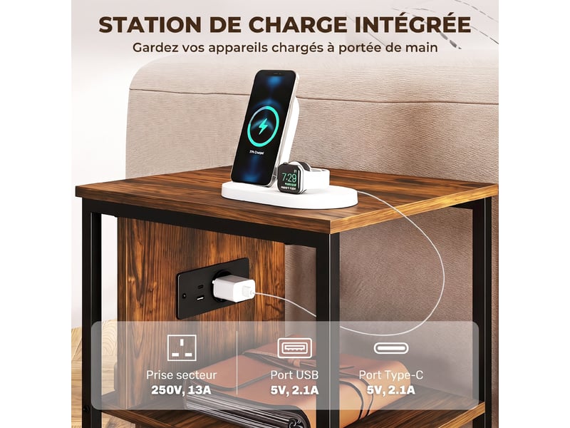  Table d'appoint avec station de charge, bout de canapé étroit avec 2 étagères ouvertes, style industriel, brun rustique  - Conforama E