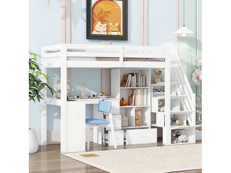  Lit mezzanine enfant 90x200 cm avec bureau, rangements et escalier, blanc  - Conforama D