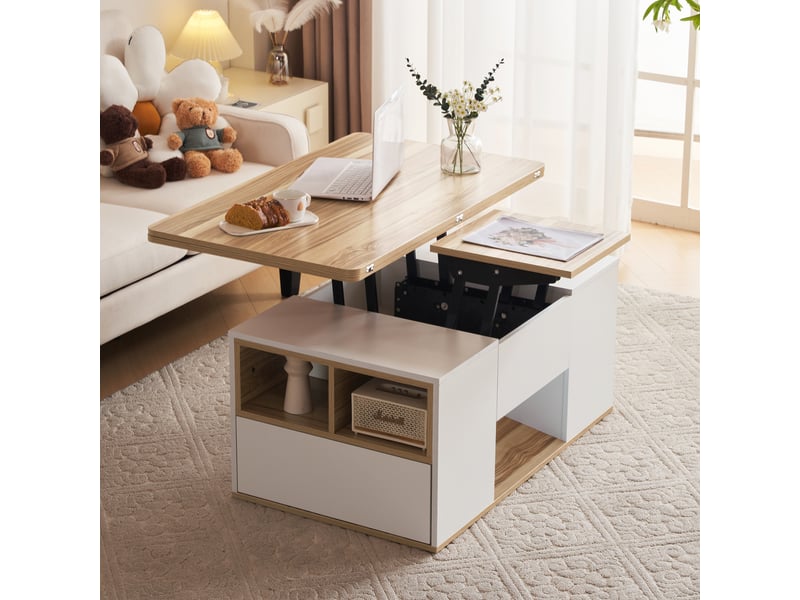  Table basse relevable avec 2 tiroirs, 1 porte et niches ouvertes et plateau modulable 2-en-1, pour salon, blanc 100×51×47 cm  - Conforama D