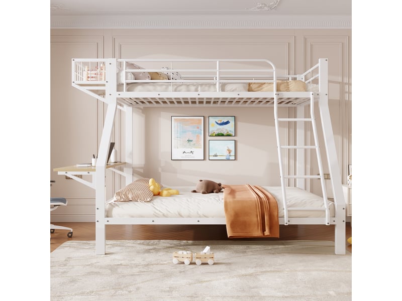  Lit superposé enfant 90 x 200 et 140 x 200 cm avec bureau 70 cm, niche, échelle et barrières de sécurité, métal blanc  - Conforama B