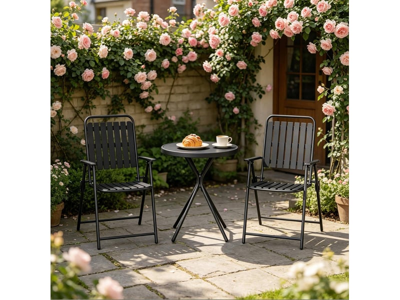 Salon de jardin 3 pièces noir en métal et verre, table pliante et 2 fauteuils pliants pour extérieur - Conforama D
