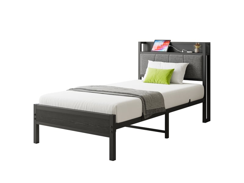  Lit simple 90 × 200 cm avec tête de lit de rangement et espace sous le lit, sans matelas, en métal et mdf, noir  - Conforama A