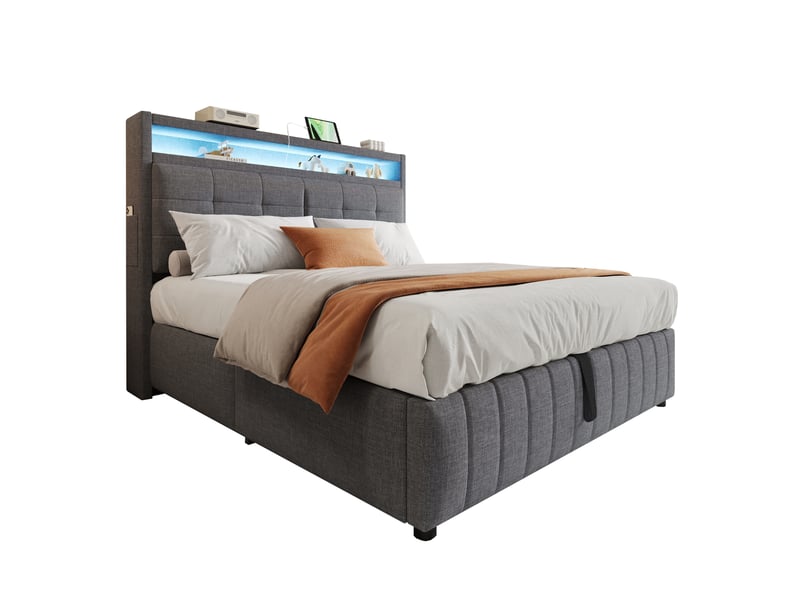 Lit coffre double 160×200 cm rangement hydraulique, led, usb et étagères - sans matelas, tissu gris - Conforama A