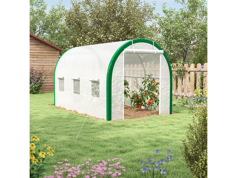  Serre tunnel, serre chaude, portes à fermeture éclair, fenêtres en filet, structure métallique, 3,5 x 2 x 2 m, blanche  - Conforama C