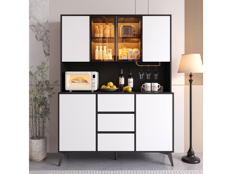Vaisselier buffet haut armoire de salle à manger vitrine meuble de cuisine noir et blanc éclairage led app porte en verre 3 tiroirs - Conforama B
