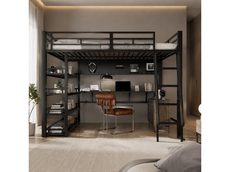  Lit mezzanine double 140×200 cm étagères et port de charge  - sans matelas, métal et bois - noir  - Conforama B