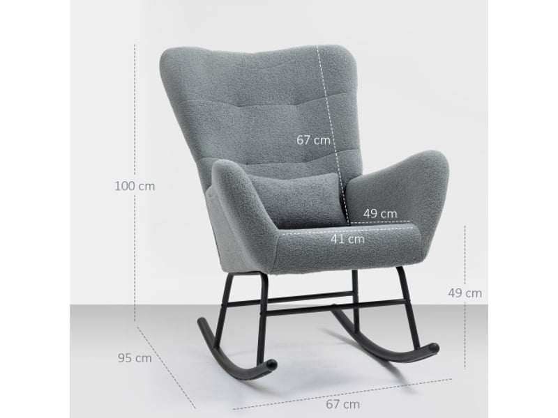  Fauteuil à bascule gris effet teddy avec accoudoirs, coussin lombaire, poche latérale et patins en bois  - Conforama C