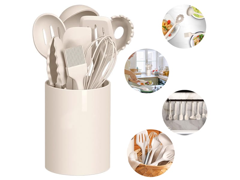  Set de 12 ustensiles de cuisine en silicone kaki avec support chicfurn  - Conforama R