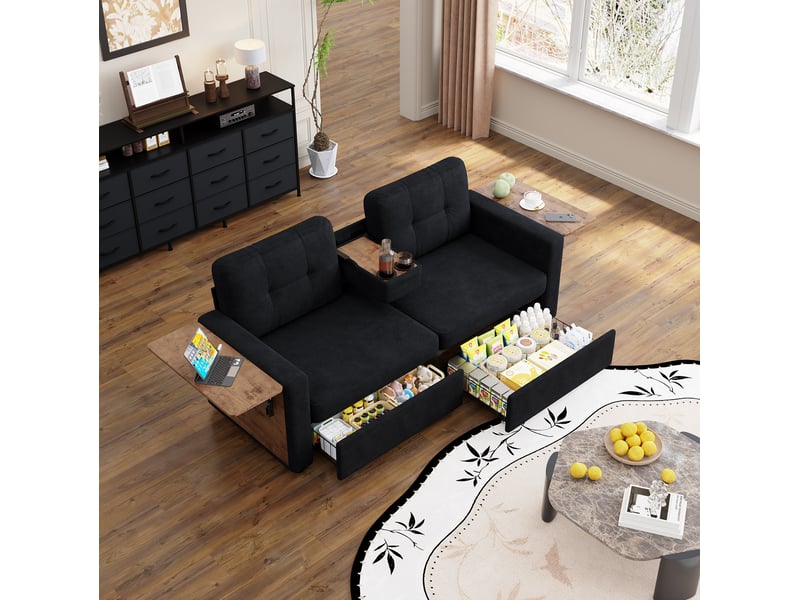 Canapé convertible 2 places en tissu noir, 2 tiroirs, tablettes réglables et porte-gobelets, style moderne - Conforama E