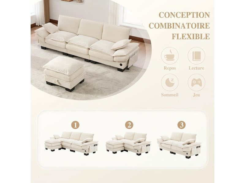  Canapé 3 places velours côtelé modulable avec pouf - port usb-c intégré, poches latérales, beige  - Conforama E