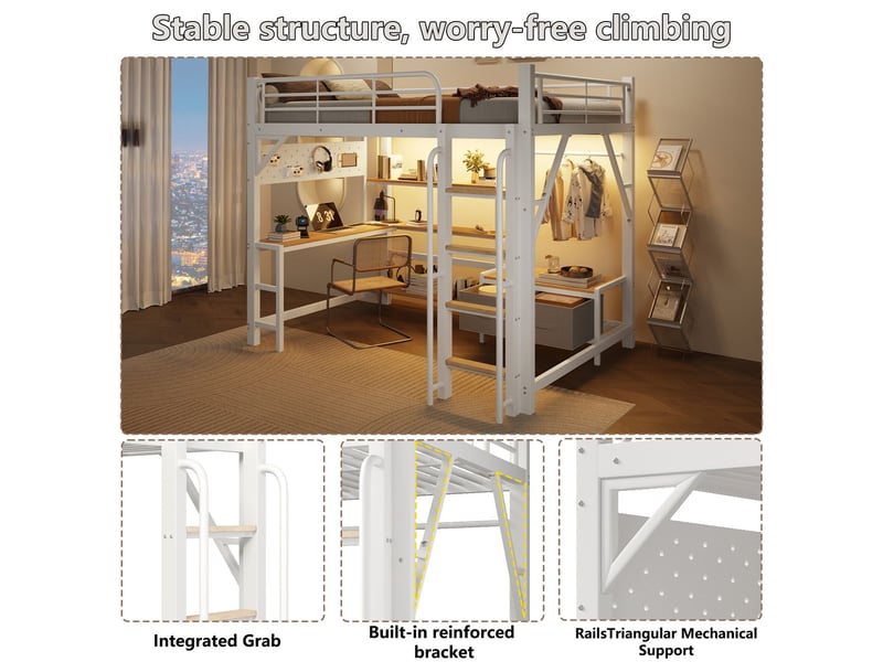  Lit enfant 140 x 200 cm structure en hauteur cadre en métal panneau perforé étagères multiples tiroirs en tissu bureau port usb barrière de sécurité barre de suspension éclairage led blanc  - Conforama C