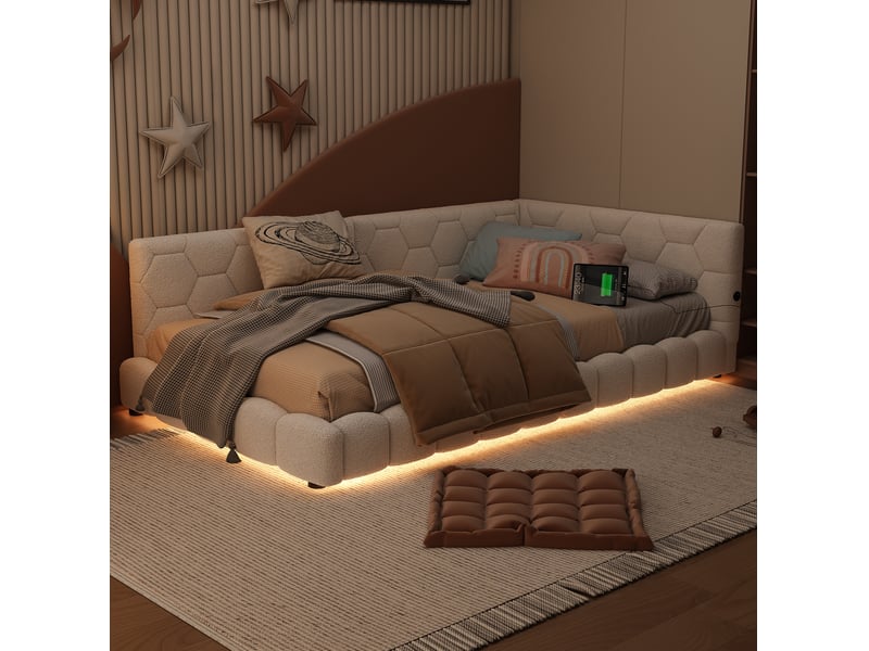  Canapé-lit 90x200cm, tête de lit, dossier et sommier, lit simple avec avec éclairage led, recharge, lit enfant et adulte, velours blanc, sans matelas  - Conforama E