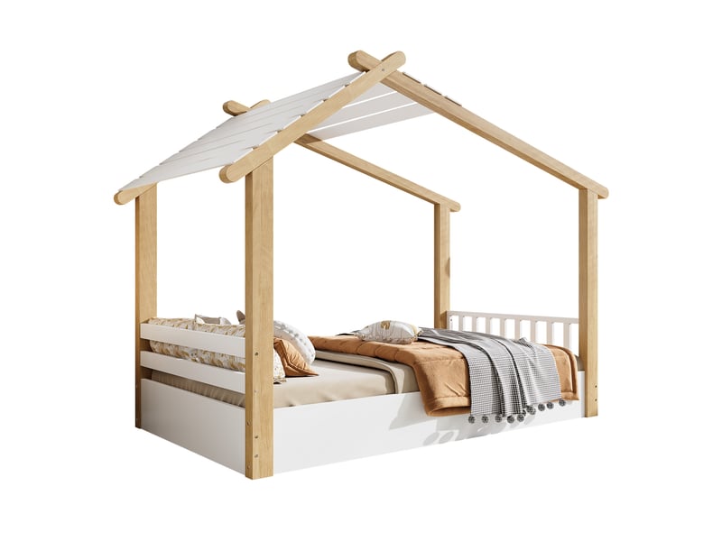  Lit cabane enfant 90x190 cm, sommier à lattes en contreplaqué, pin et mdf, blanc et naturel, sans matelas  - Conforama A
