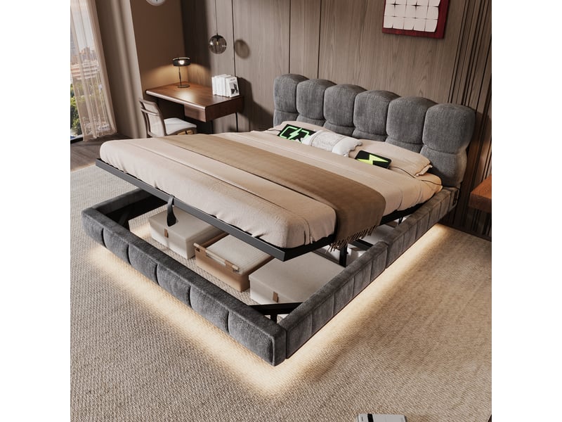  Lit coffre bubble en chenille gris 140x190 cm avec led, usb et type-c Fay Lum - Conforama B