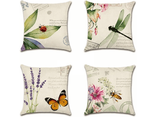 Lot de 4 housse de coussin - lot de 4 45 x 45 cm insectes et plantes motif canapé taie d'oreiller pour patio jardin salon chambre décoration, beige
