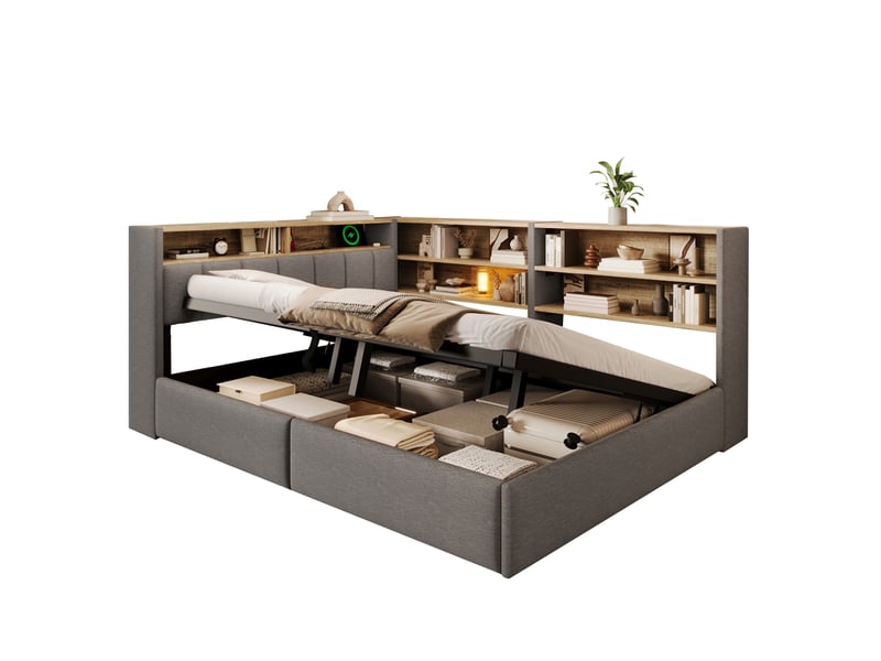  Canapé-lit 140 x 200 cm, suspension hydraulique, prise électrique, rangement latéral réversible (gauche ou droite), port usb, éclairage led, sans matelas, velours gris  - Conforama A