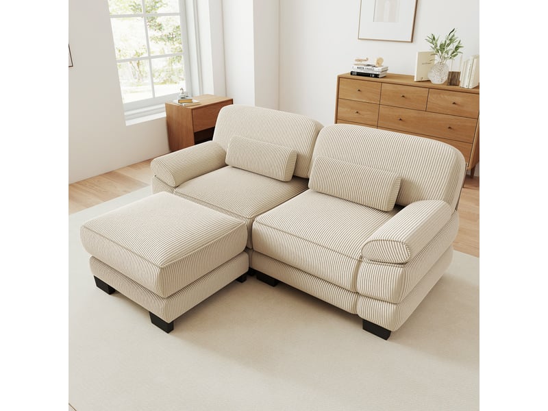 Canapé d'angle modulable - 2 places - forme l - 1 ottoman - coussins lombaires - velours côtelé - mobilier de salon - beige CozyNest - Conforama B