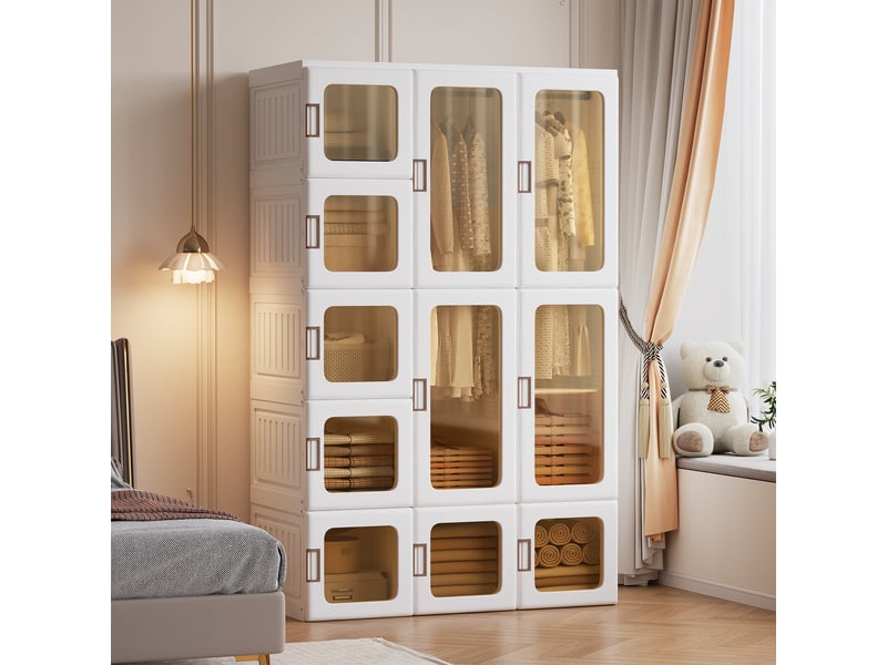  Armoire portable pliable, 15 cubes 11 portes 2 tringles, avec portes transparentes, 104x50x170 cm, corps en matériau pp, rangement chambre, blanc, plastique pp pet 12 cubes 8 portes 2 penderies, blanc  - Conforama R
