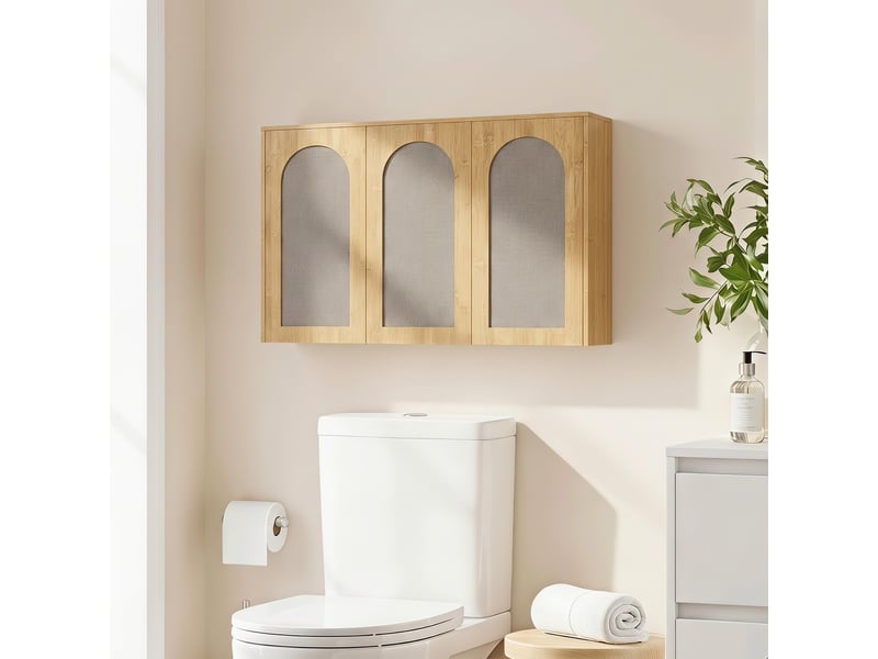  Armoire murale de salle de bain bohème avec 3 portes effet rotin à douce fermeture et étagère réglable, chêne  - Conforama D