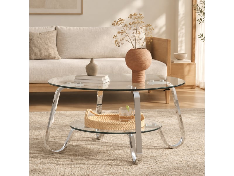  Table basse ronde à deux niveaux avec plateau en verre trempé - lpospi - structure métallique argentée  - Conforama B