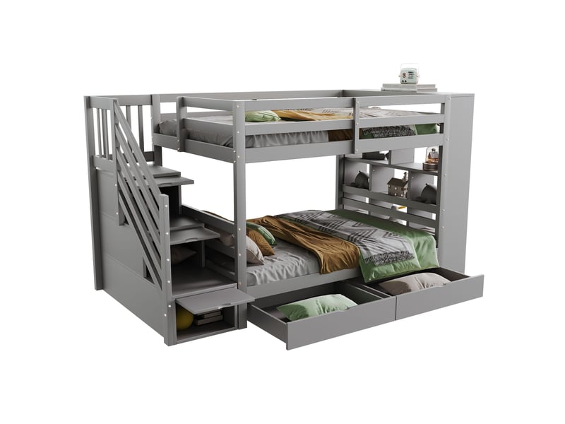  Lit superposé 90x200 cm avec escalier de sécurité, rangements, bois, gris, sans matelas  - Conforama B