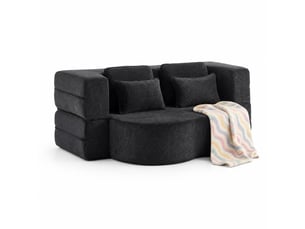 Canapé convertible 2 places au sol en tissu noir avec 4 coussins