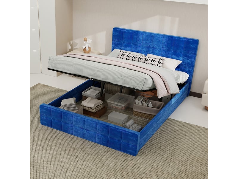 Lit coffre rembourré velours bleu avec tête de lit espace de rangement pour matelas 140x200 cm - Conforama B