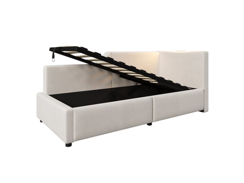 Lit coffre enfant 90x200 cm, canapé-lit avec lampe de lecture et usb type-c, sommier inclus, velours, beige, sans matelas - Conforama D