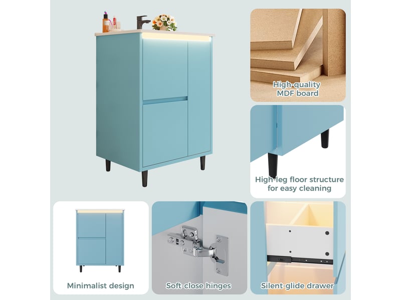 Meuble sous vasque avec 1 porte et 2 tiroirs, vasque en céramique, pieds hauts, salle de bain, 61×46,5×87 cm - Conforama E