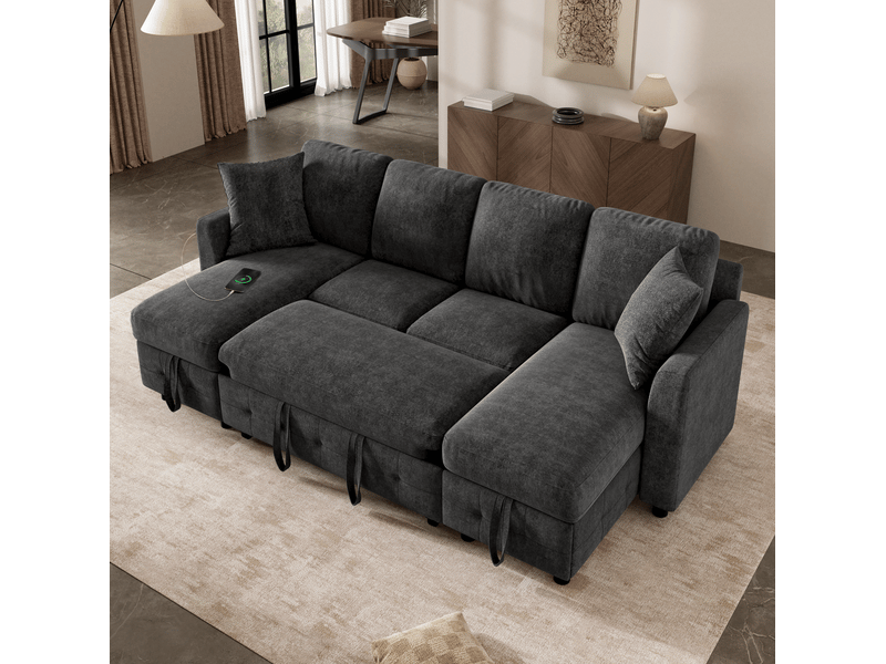  Canapé convertible en u 260x128x82 cm avec rangement en chenille gris foncé  - Conforama B