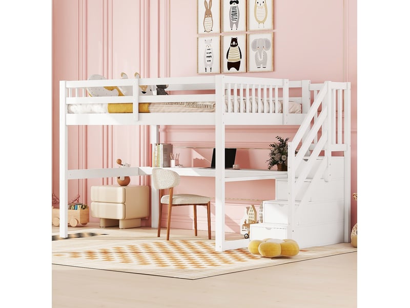 Lit mezzanine enfant 140x200 cm avec bureau, rangements et escalier, blanc  - Conforama E