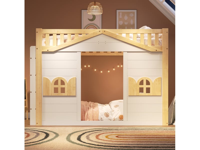  Lit superposé avec fenêtre et échelle réversible en pin et mdf blanc  - Conforama C