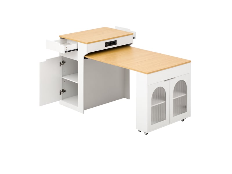 Ilot central de cuisine - 80x55x93cm - desserte extensible avec table, prises, riffglas et roulettes - blanc et bois - Conforama A