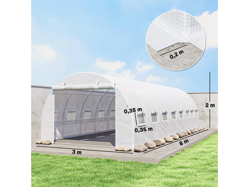  Serre de jardin tunnel 24m² 8l x 3l x 2h m - 16 fenêtres, porte zippée enroulable acier galvanisé, bâche pe, blanc  - Conforama E