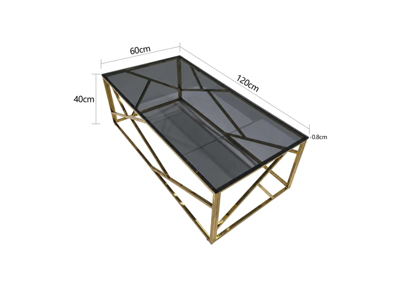  Table basse 120 × 60 × 40 cm avec plateau en verre noir et structure métallique dorée, design géométrique moderne pour salon et espace détente  - Conforama B