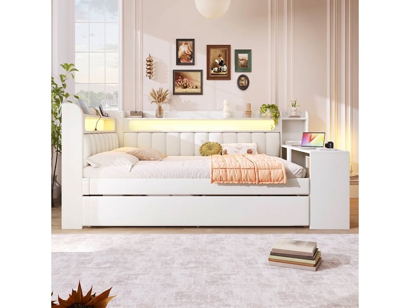  Lit capitonné 140x200 blanc, lit avec led et port usb, bureau intégré  - Conforama B