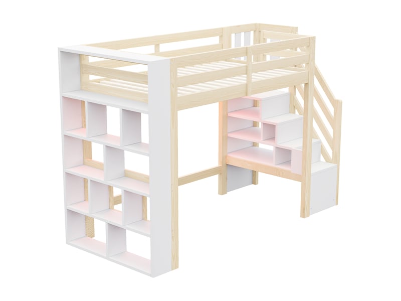 Lit mezzanine 90x200 cm avec rangements et led, coloris bois naturel et blanc, sans matelas - Conforama R