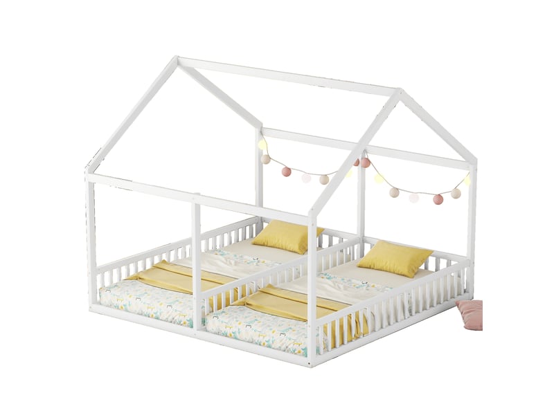  Lit enfant 2 en 1 avec deux couchages 90 x 200 cm, barrières, blanc, bois et mdf  - Conforama A