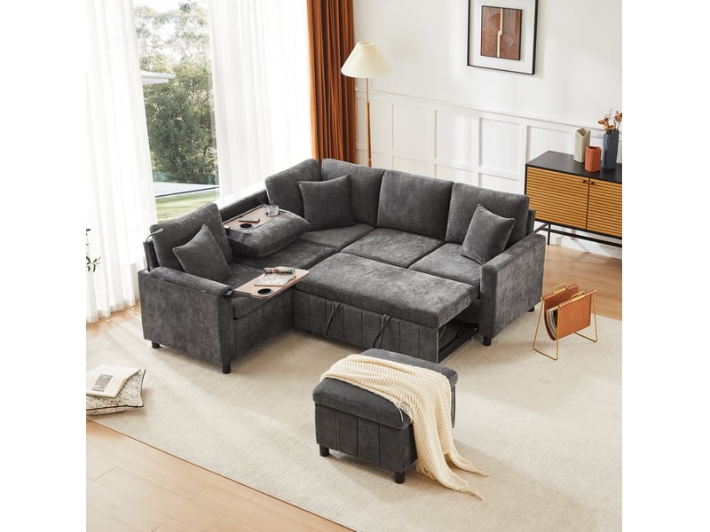  Canapé d'angle convertible 4 places en tissu gris avec tablettes, ports usb et type-c et lampe de lecture  - Conforama E
