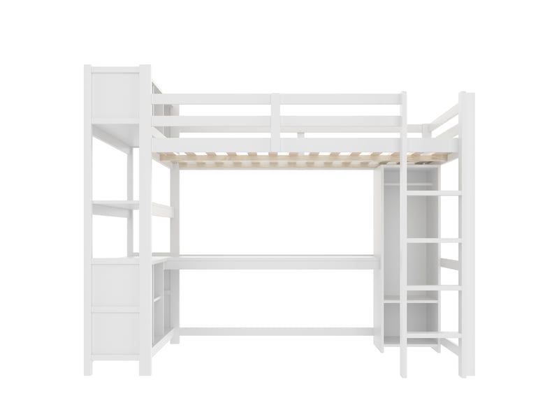  Lit mezzanine 140x200 cm avec bureau, étagères, armoire, sans matelas, blanc, rangement pour enfant sûr  - Conforama A