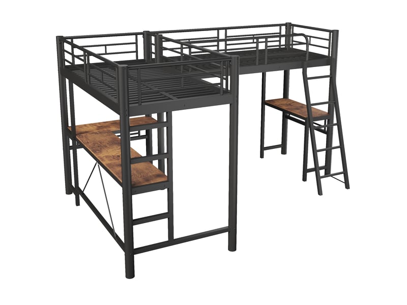  Lit mezzanine noir 90 × 200 cm, bureau sous le lit, double escalier et garde-corps haut  - Conforama E