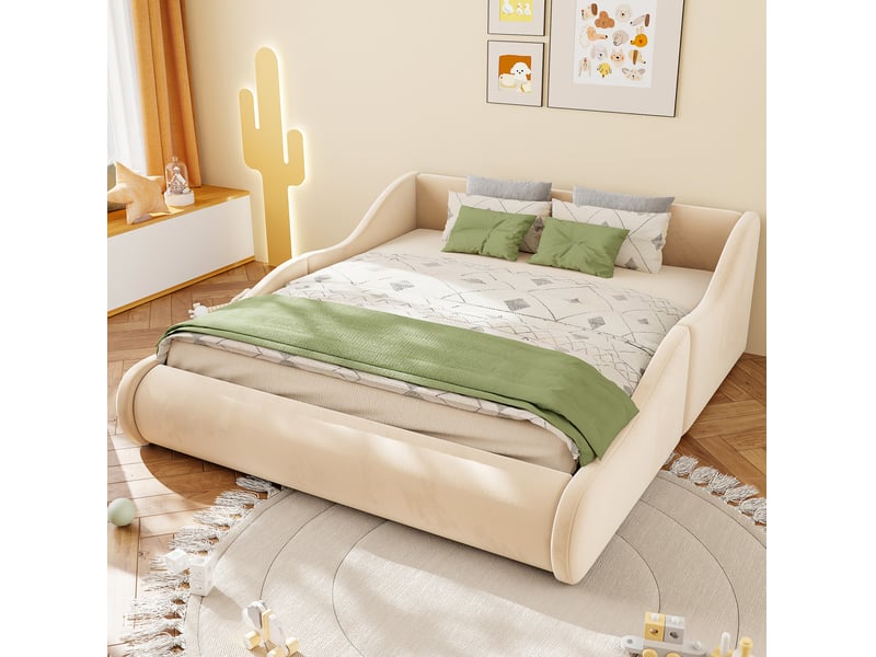  Lit enfant capitonné en velours beige avec barrières latérales, 140 x 200 cm  - Conforama B
