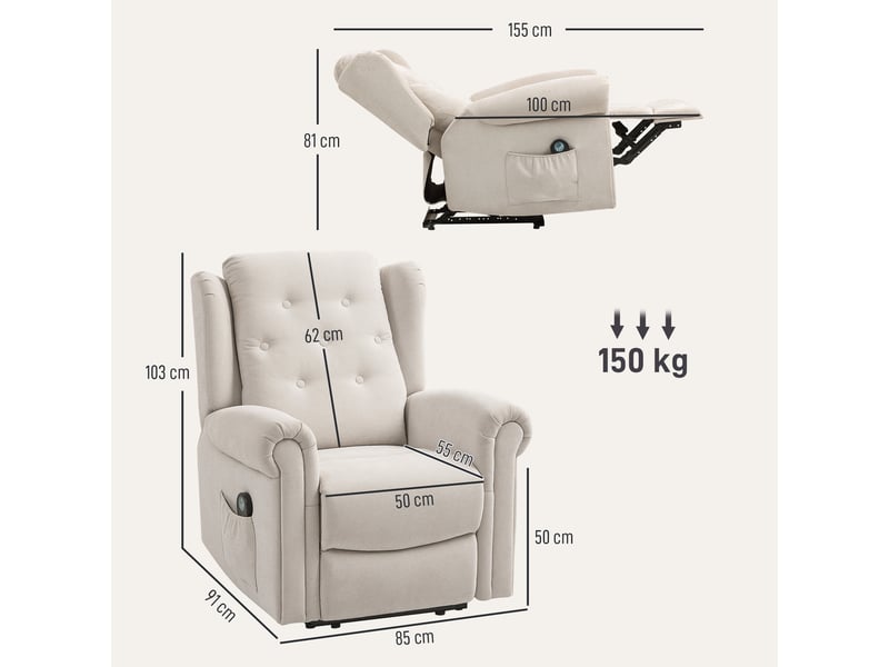  Fauteuil de relaxation, fauteuil relax massant et chauffant, lin, 91x85x103cm, beige  - Conforama E