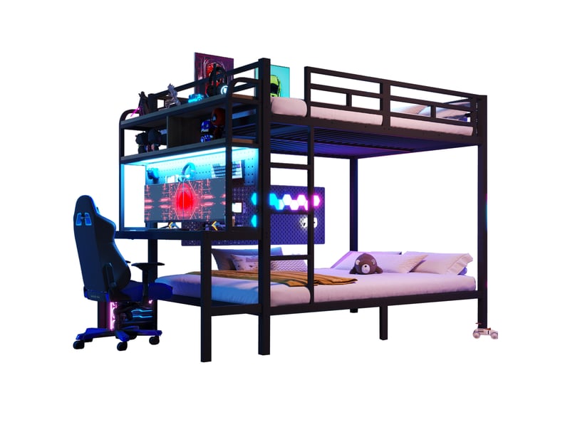  Lit superposé enfant 140 x 200 cm avec bureau, led, usb, échelle et rangements noir  - Conforama A
