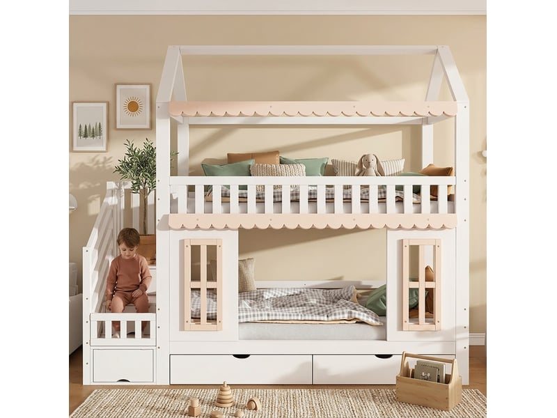  Lit superposé enfant cabane 90x200 cm, rangements et 2 tiroirs, blanc naturel  - Conforama D